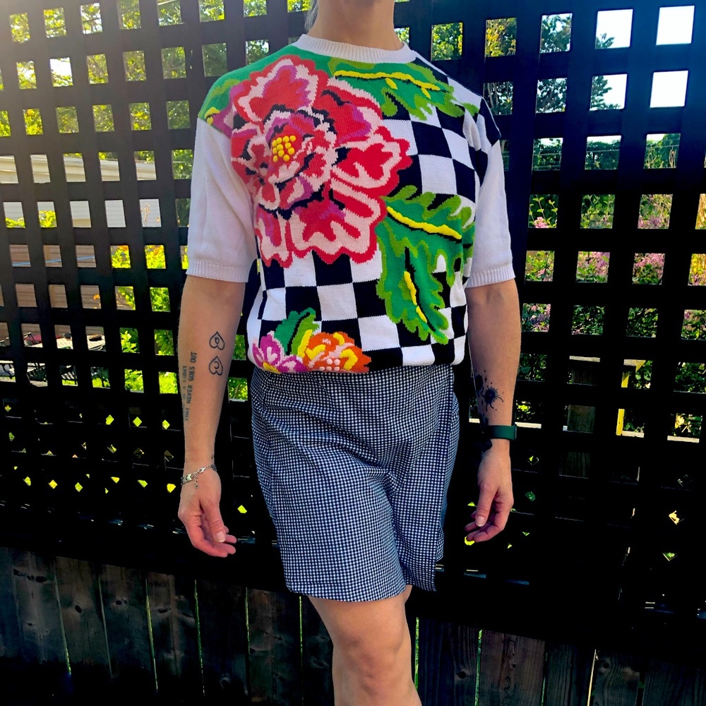 Checkered floral knit top